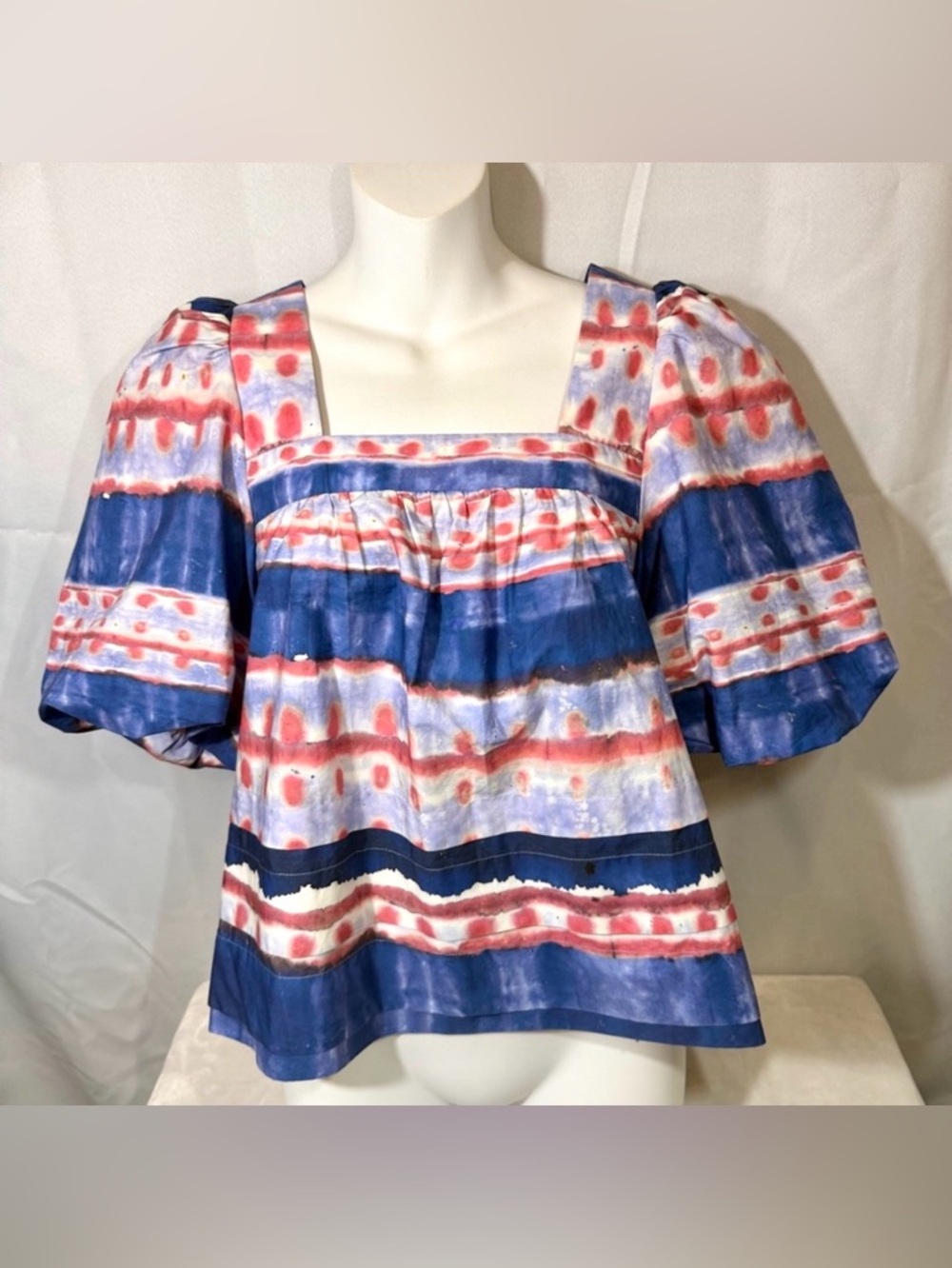 Marie Oliver Square Neck Puff Sleeve Cotton Blouse Shibori XS